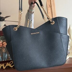 Michael Kors Black Saffiano Tote with Gold Chain Straps
